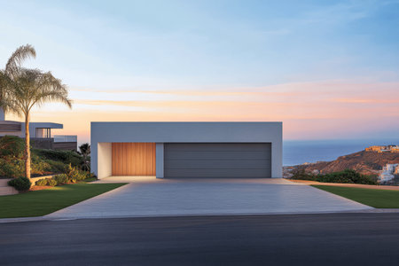 A sleek, minimalist house stands prominently on a hillside, showcasing a spacious driveway and panoramic ocean views as the sun sets, creating a picturesque and tranquil atmosphere.の素材