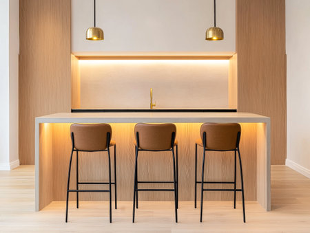 A modern kitchen features a sleek bar with three stylish stools, warm ambient lighting, and a minimalist design. The natural wood accents create a cozy and inviting atmosphere.の素材