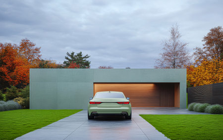A sleek, contemporary home stands with a light green car parked in front. The landscape features well-manicured grass and vibrant autumn trees under a cloudy sky.の素材