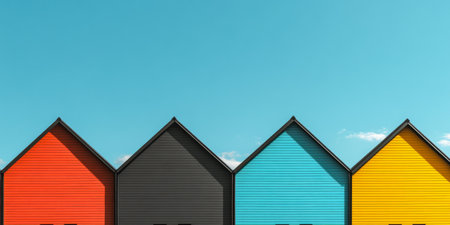 A row of vibrant houses features red, black, teal, and yellow siding under a bright blue sky, highlighting contemporary architectural design in an urban setting.の素材