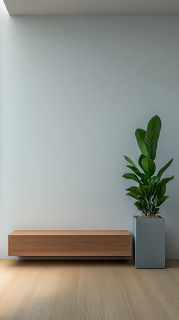 A minimalist interior showcases a wooden cabinet against a light wall. A lush green potted plant adds a touch of nature, enhancing the serene ambiance of the bright and airy space.の素材