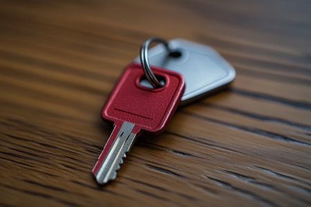A red key is attached to a metal keyring and lies on a polished wooden surface, highlighting its texture and color. The setting suggests a moment of everyday life and organization.の素材