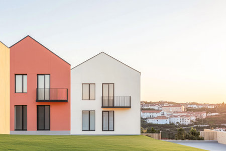 Two contemporary houses featuring vibrant sloped roofs stand side by side in a hillside community. The setting sun casts a warm glow over the structures, enhancing their unique designs.の素材
