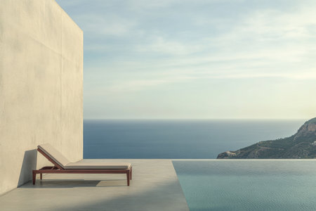 A tranquil setting with a minimalist lounge chair beside an infinity pool that seamlessly blends into the ocean. The horizon captures the soft hues of sunset, creating a serene atmosphere.の素材