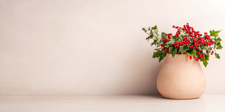 A clay pot holds a vibrant mix of holly and red berries, enhancing the minimalist countertop. The festive arrangement adds a seasonal touch to the simple decor.の素材