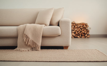 A stylish living room features a light-colored sofa adorned with cushions and a textured blanket, complemented by a rustic woodpile, creating a warm and inviting atmosphere.の素材