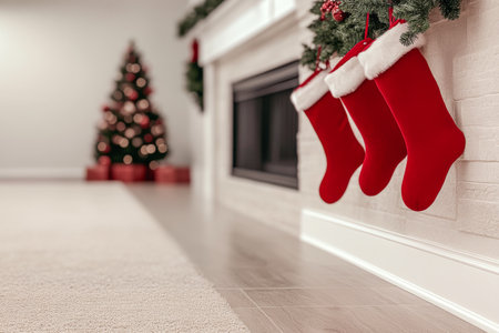 Red stockings hang from a festive fireplace, while a beautifully adorned Christmas tree glows softly in the background, creating a warm, inviting holiday atmosphere.の素材
