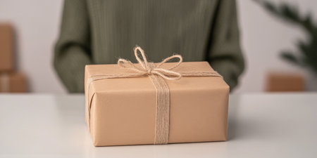 A brown package tied with twine sits on a table, complementing a warm and inviting space. The surrounding area hints at personal touches, suggesting preparations for a celebration.の素材