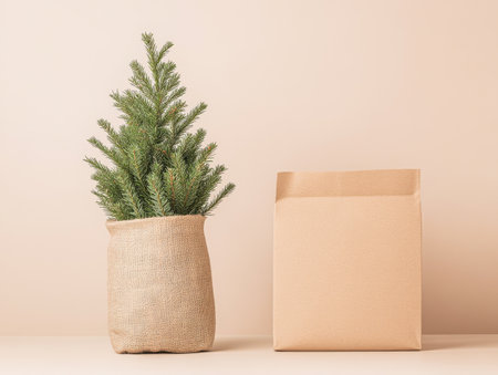A small evergreen tree is placed in a rustic burlap bag beside a simple brown paper package, creating a cozy and minimalistic decoration suitable for winter or holiday themes.の素材