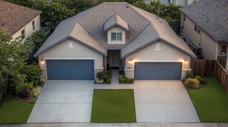 This modern suburban residence showcases a symmetrical design with two garages and a neat lawn. Surrounding greenery enhances its appeal during the evening light.の素材