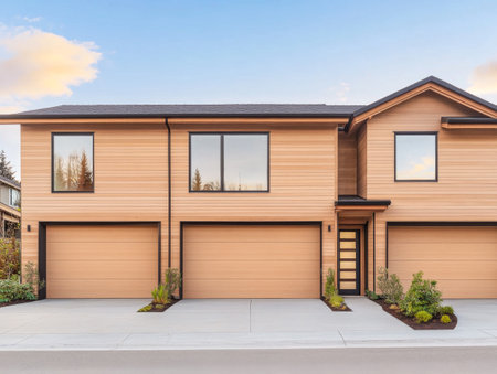 A newly constructed wooden duplex features two spacious garages under large windows. Lush greenery and a neatly paved path enhance the welcoming atmosphere of this suburban setting.の素材