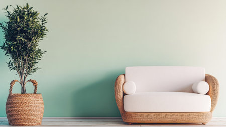 A cozy living room corner showcases a white sofa with round cushions next to a tall potted plant. The soothing pastel green wall adds a tranquil touch to the space.の素材
