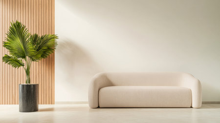 A minimalist living room features a soft, beige sofa paired with a tall green plant in a sleek black pot. The background displays a light-colored wall with wooden paneling.の素材