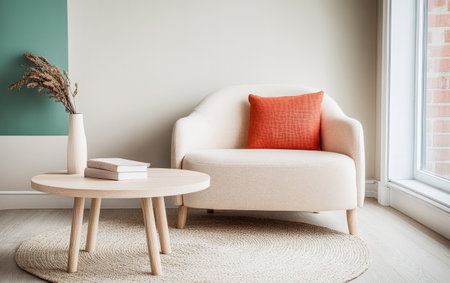 A warm and inviting corner of a living room features a comfortable chair, a round coffee table, and a vase with dried flowers, all arranged harmoniously in soft colors.の素材