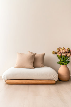 A stylish, minimalist living area features a plush white sofa adorned with beige cushions. Nearby, a large vase holds vibrant flowers, enhancing the serene atmosphere of the room.の素材