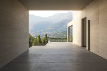 A sleek, modern building features large openings that showcase stunning mountain views bathed in warm light. The spacious outdoor area offers a serene atmosphere and a connection to nature.の素材