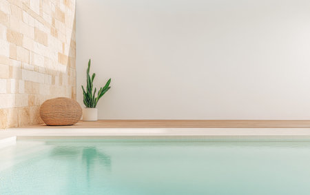 A tranquil indoor swimming pool features a smooth, turquoise surface surrounded by polished wood. Natural elements, including a potted plant and a decorative stone, enhance the calming atmosphere.の素材