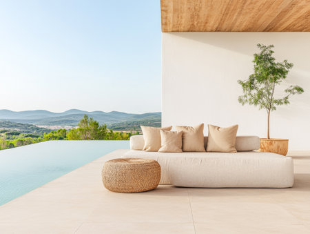 A modern outdoor lounge features a plush sofa with pillows, next to an infinity pool overlooking rolling green hills under a clear blue sky, creating a tranquil retreat for relaxation.の素材