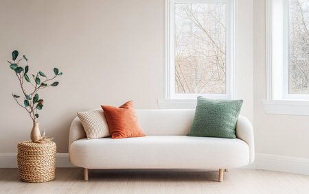 A modern living room features a soft sofa adorned with colorful pillows. A potted plant sits beside it on a woven stool, and natural light filters through the windows, creating a warm atmosphere.の素材