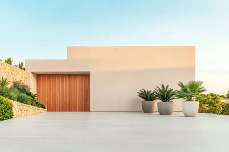 Modern minimalist house exterior with wooden garage door and potted plants in sunny landscapeの素材
