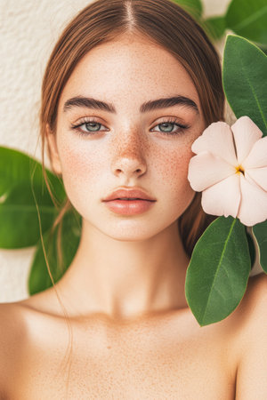 A young woman with freckled skin gazes gently at the camera, framed by vibrant green leaves and a delicate blossom. The soft daylight highlights her natural beauty and features.の素材