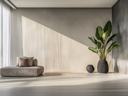 A modern living space features a cozy seating area with cushions, a sleek dark vase, and a tall plant. Soft sunlight filters through the window, creating gentle shadows on the smooth floor.の素材