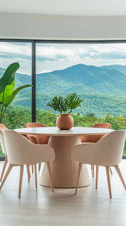 A stylish dining area features a round wooden table surrounded by soft chairs, offering a breathtaking view of lush mountains and greenery through large windows.の素材