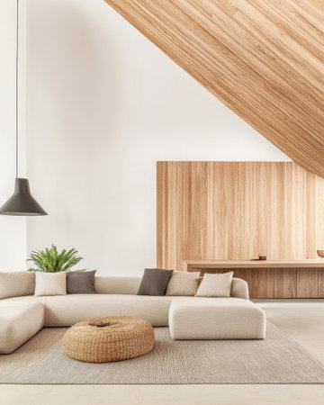 A spacious living room showcases a minimalist design with a large, light-colored sectional sofa, a round woven pouf, and wooden paneling.の素材