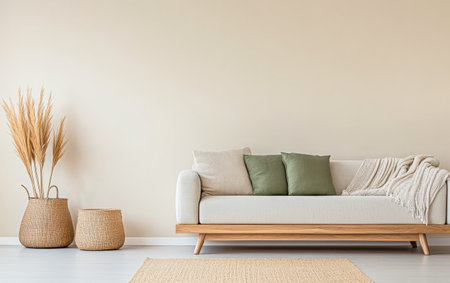 A serene living area showcases a light-colored sofa adorned with green cushions, complemented by woven baskets and soft textures. The neutral walls enhance the calm atmosphere.の素材