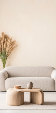 A softly upholstered neutral sofa sits against a plain wall, complemented by a wooden coffee table and decorative elements. Tall pampas grass adds a natural touch to the peaceful space.の素材