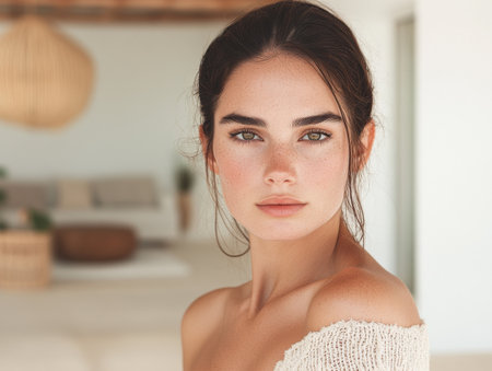 A young woman gazes directly at the viewer, showcasing her natural beauty in a bright, minimalist space. Soft lighting highlights her features, adding to the serene atmosphere of the room.の素材