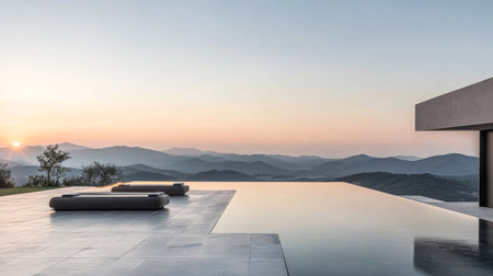 A modern infinity pool reflects the vibrant sunset while overlooking rolling mountains. The tranquil setting offers a peaceful escape into nature, highlighting the beauty of the horizon and landscape.の素材