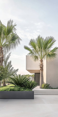 A contemporary building is framed by vibrant palm trees and rich greenery, creating a peaceful outdoor space. The clean lines and minimalist design enhance the beauty of the natural surroundings.の素材
