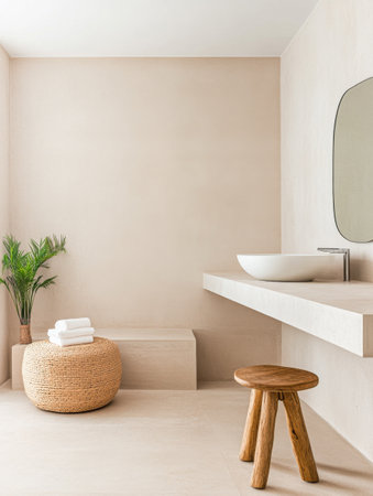 This tranquil bathroom showcases a minimalist design with soft beige walls, a sleek counter, and a round mirror. A small plant and wooden stool add warmth to the simple yet elegant setting.の素材