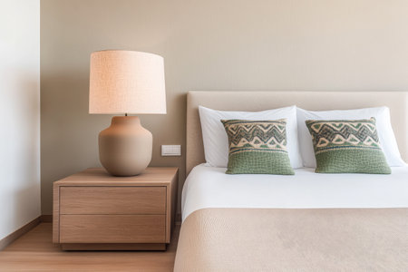 The bright and inviting bedroom showcases a cozy bed adorned with soft pillows and a neutral-toned lamp beside a wooden nightstand, creating a serene atmosphere in the morning light.の素材