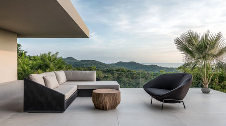 A stylish outdoor lounge area features a sleek sectional couch and a round wooden table, surrounded by tropical greenery. The expansive view of mountains and the sea enhances the serene atmosphere.の素材