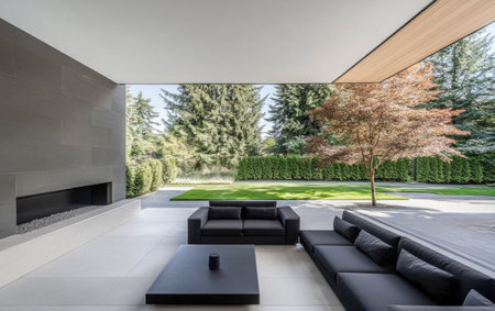 A stylish outdoor lounge features a black sectional sofa and coffee table, surrounded by a beautifully manicured garden and trees, inviting relaxation and comfort in a serene atmosphere.の素材