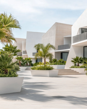 Sleek white structures with large windows contrast beautifully against palm trees and vibrant greenery, creating a tranquil resort atmosphere under a clear blue sky.の素材