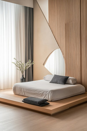 A spacious minimalist bedroom features a low platform bed with gray linens, wooden walls, and large windows that bathe the room in natural light, creating a serene atmosphere.の素材