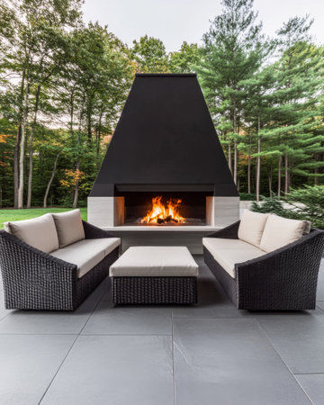 A stylish outdoor lounge space features two wicker chairs and a coffee table facing a modern fireplace. Surrounded by lush trees, this area creates a peaceful retreat for relaxation.の素材