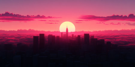 A vibrant sunset casts a pink hue over the city skyline, with clouds framing the scene. The Empire State Building stands prominently as the sun sets behind it, creating a striking silhouette.の素材