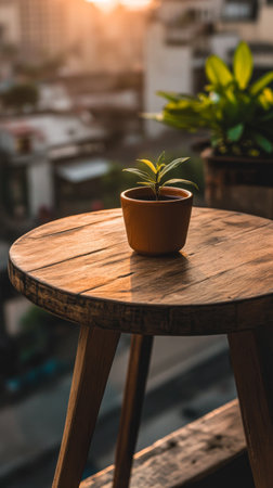 A small green plant in a terracotta pot is placed on a rustic wooden table, with a warm sunset illuminating the city skyline in the background. The peaceful ambiance creates a cozy atmosphere.の素材