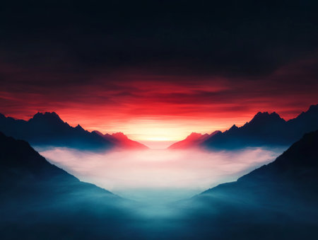 A breathtaking sunrise illuminates the misty mountains, casting vibrant hues of red and orange across the sky. The serene landscape creates a peaceful atmosphere, inviting contemplation.の素材