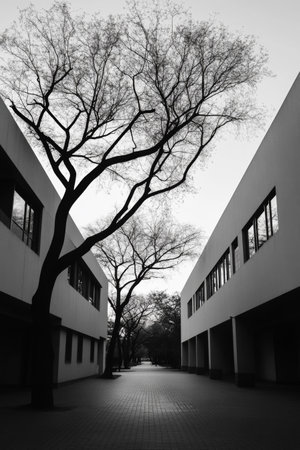 As daylight fades, a serene pathway emerges between modern buildings with stark white walls, framed by bare trees. The quiet atmosphere hints at the approaching evening.の素材