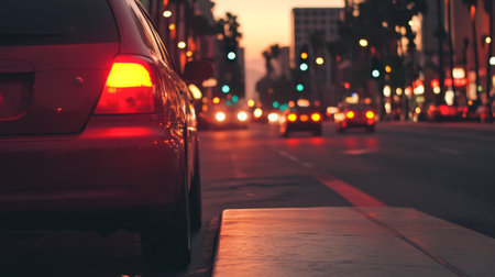 A vibrant city street filled with cars and palm trees under a colorful sunset. The glow of lights and the bustling atmosphere create a lively evening scene.の素材