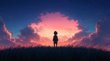 A child stands on a grassy hill, looking towards a beautiful sunset filled with vibrant colors and clouds. The scene evokes a sense of calm and reflection in nature's embrace.の素材