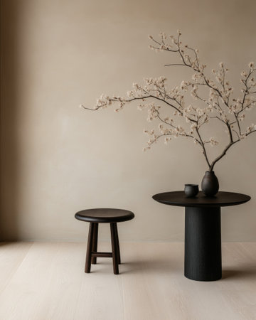 A serene interior showcases a black round table beside a wooden stool, complemented by a graceful branch of blossoms, creating a tranquil atmosphere in soft, neutral tones.の素材