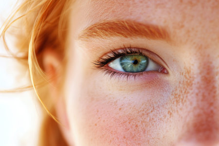 A close-up captures a young woman's green eye adorned with long eyelashes, surrounded by freckles, highlighting her natural beauty in bright summer sunlight.の素材