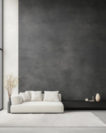 A spacious minimalist living area showcases a sleek white sofa against a textured dark wall. Simple decor elements create a tranquil atmosphere with natural light streaming in.の素材