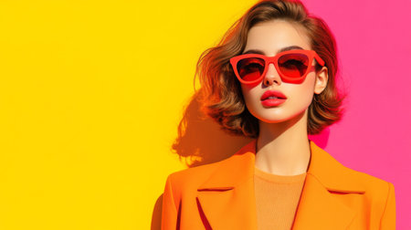 A stylish young woman with a chic hairstyle wears bold sunglasses and a colorful outfit. She poses confidently against a striking yellow and pink backdrop, radiating a fun, lively atmosphere.の素材